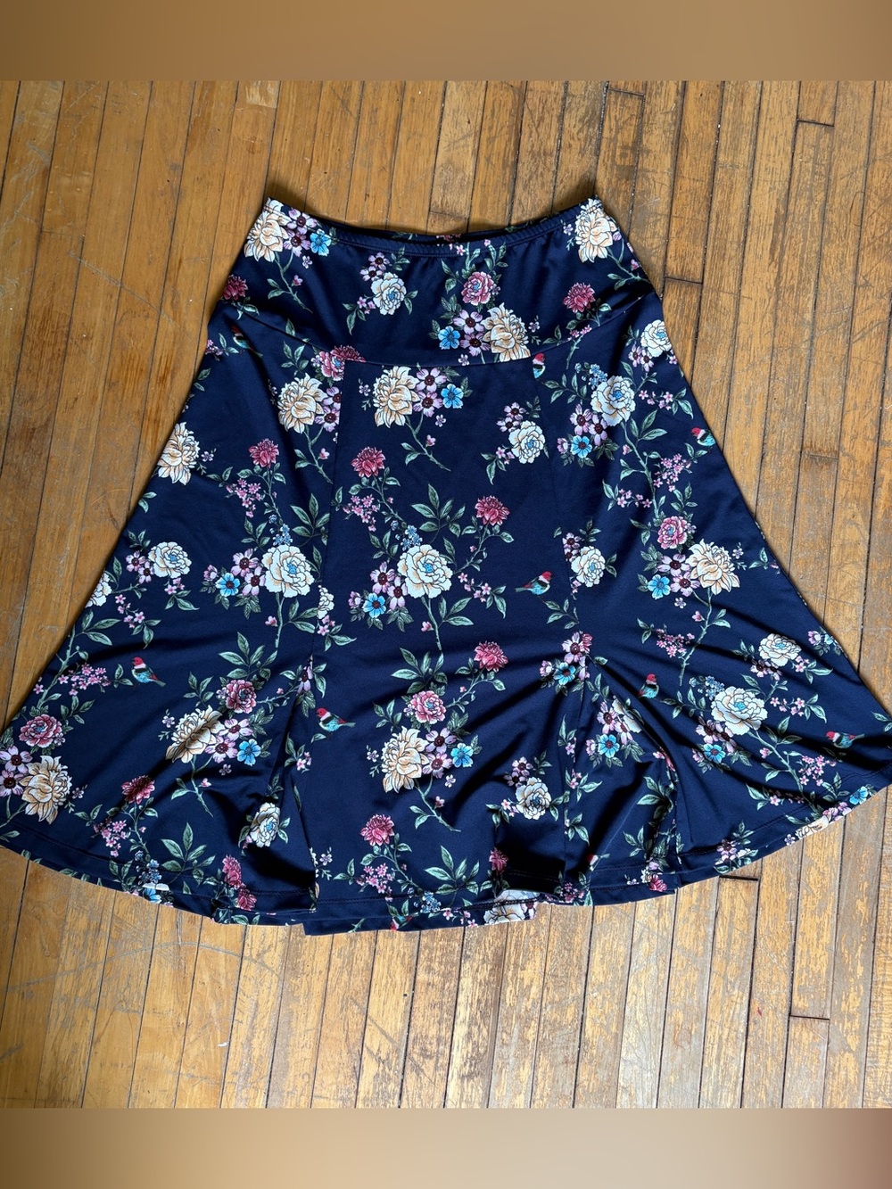 Nina K Canadian Made Navy Floral Circle A-Line Midi Skirt Size Small